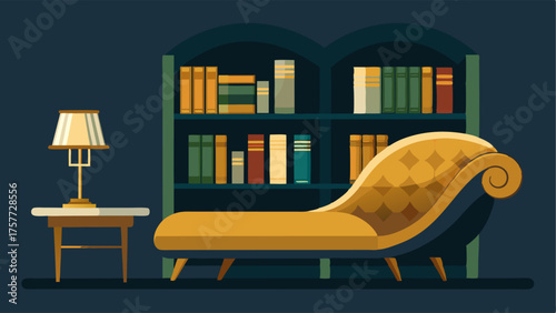 A cozy reading nook with a velvet chaise lounge surrounded by gold and silver bookshelves.