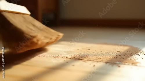 Broom sweeping dirt on wooden floor.