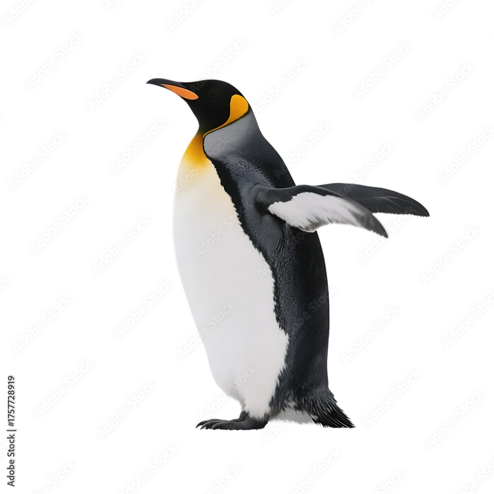 Fototapeta premium A king penguin with black and white feathers, yellow neck, and wings spread, showcasing its unique appearance in natural setting.