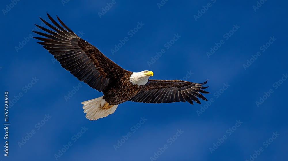 Obraz premium Majestic bald eagle soars gracefully against a clear blue sky, embodying freedom and power.