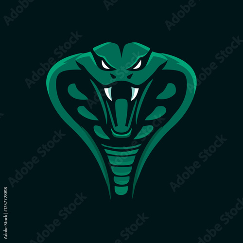 Aggressive Green Cobra Head Illustration with Fangs, Stylized Snake Mascot, Venomous Reptile Design on Dark Background