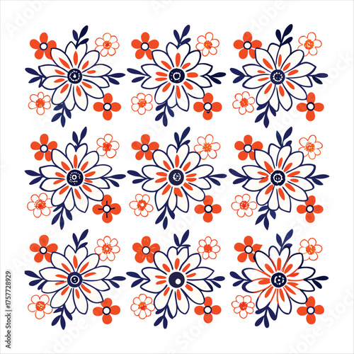 Floral pattern with orange and blue flowers isolated on white background, creating a vibrant and eyecatching design element