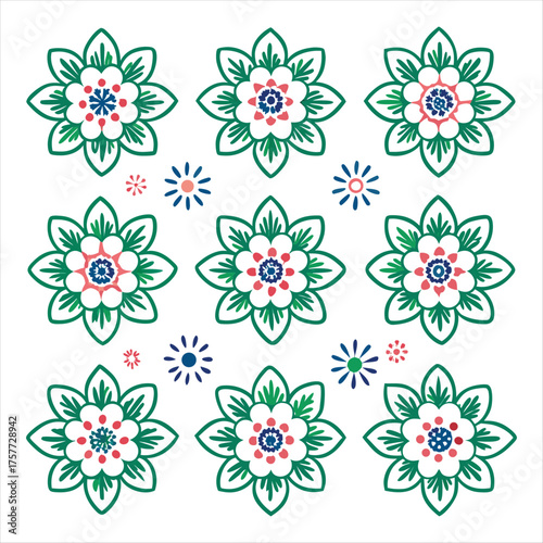 Floral pattern with green, pink and blue flowers isolated on white background, creating a vibrant and eyecatching design element