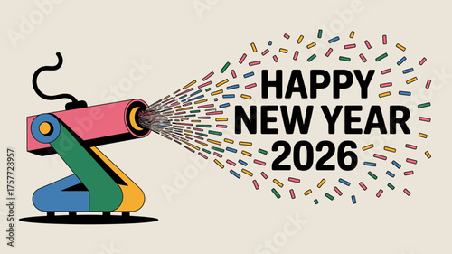 Happy new year 2026 celebration with confetti cannon