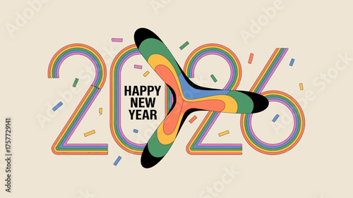Happy new year 2026 with rainbow arches and boomerang shape