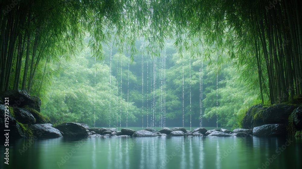 Obraz premium Gentle rain falls in a lush bamboo grove, creating a peaceful and calming atmosphere