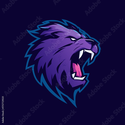 Fierce purple lion head roaring illustration, powerful wild animal mascot for esports teams and gaming, predatory beast graphic design