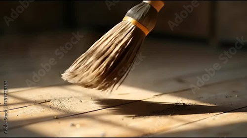 Broom sweeping floor in sunlight.