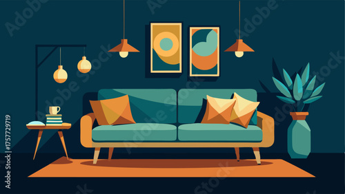 A dark and moody den with a midcentury style sectional sofa and a mix of eclectic throw pillows.