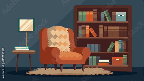A cozy reading nook with a woven leather chair a sheepskin throw and a builtin bookshelf filled with worn leatherbound books.