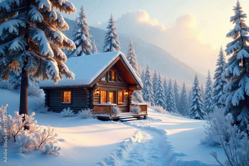 Naklejka premium A cozy cabin nestled in a snowy landscape, winter trees covered in frost, sunlight illuminating the scene Perfect for winter wonderland, holiday, and travel themes , mountains, warm, winter