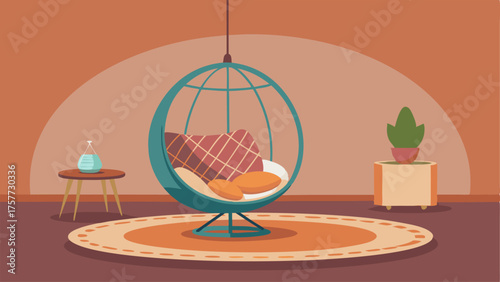 A cozy corner for relaxation featuring a hanging egg chair a floor cushion and a Moroccanstyle rug.