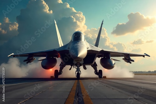 A colossal, imposing fighter jet dominates the frame, its powerful engines and weaponry clearly visible  Ready for action, it embodies raw power and aerial dominance ,  fuselage,  force