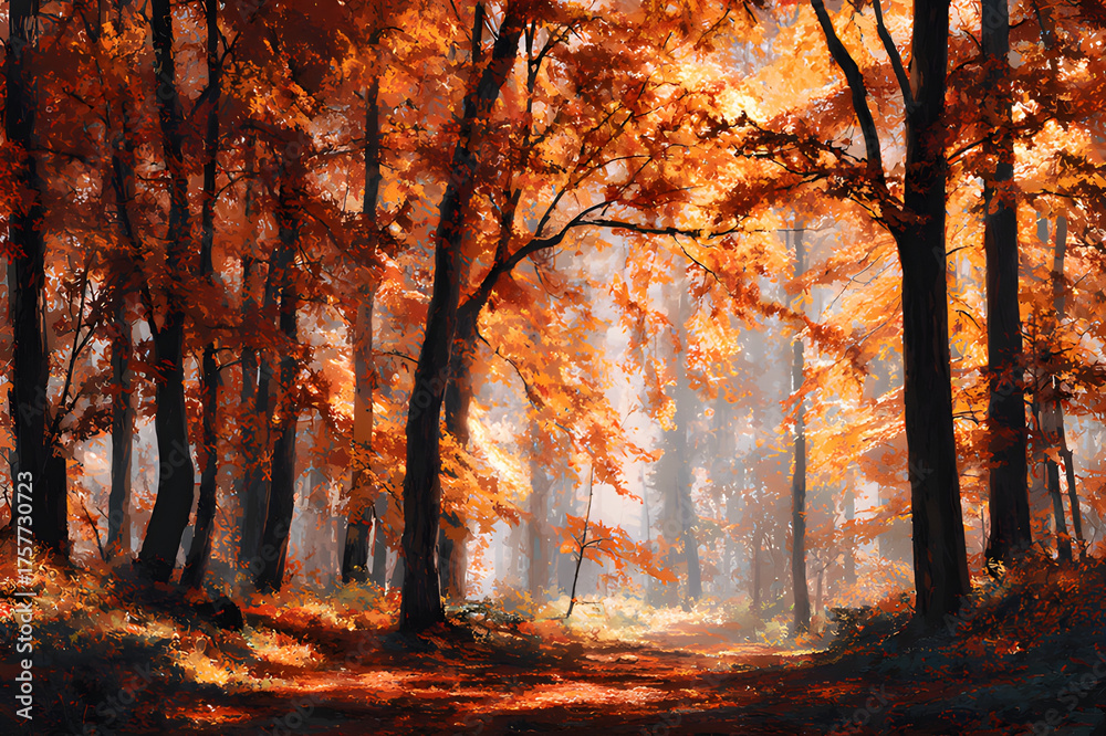 Fototapeta premium Beautiful autumn scene in shades of gold, red, and brown with falling leaves and soft autumn sunlight. Majestic, like a perfect photograph of nature.