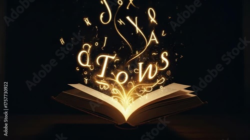 Enchanting letters emerge from book in glowing alphabetical dance. 4k Video footage