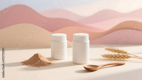 Image shows healthy supplements with wheat powder, bottles, spoon, and wheat ears for natural nutrition.