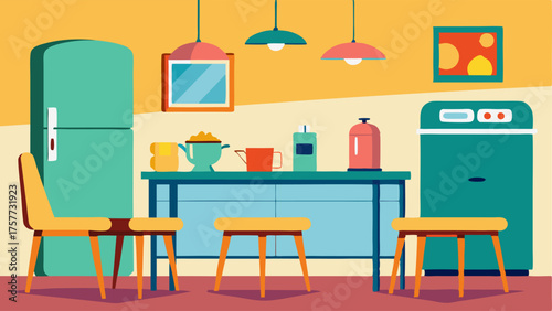 A colorful kitchen with a retro fridge vintage metal canisters and a rustic wooden table with mismatched chairs.