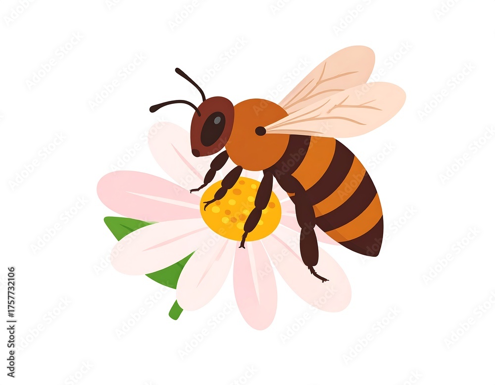 Fototapeta premium A honeybee, striped body, lands on daisy with a bright yellow center