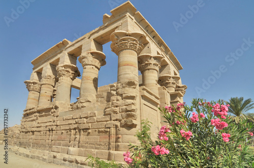 Relief of the ancient god Bes on a stone block of the temple of Philae at Aswan, Egypt