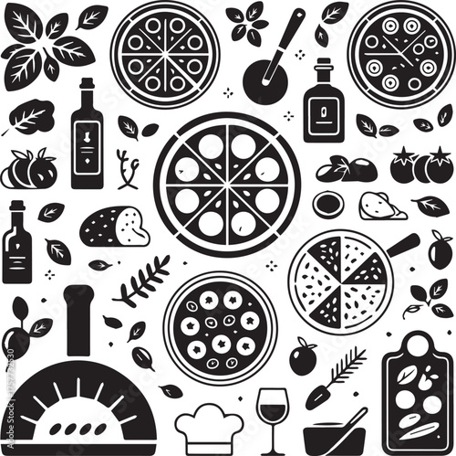 Italian & European Food Icons Vector Set: Pizza Ingredients, Cooking Tools, and Herbs Collection.