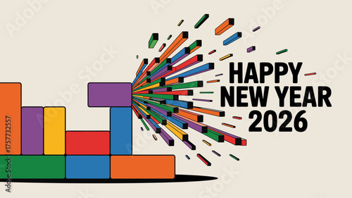 Happy new year 2026 celebration with colorful exploding blocks