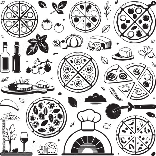 Pizza Making Vector Illustration: Essential Ingredients, Tools, and Oven Icon Set for Italian Restaurant Menu.