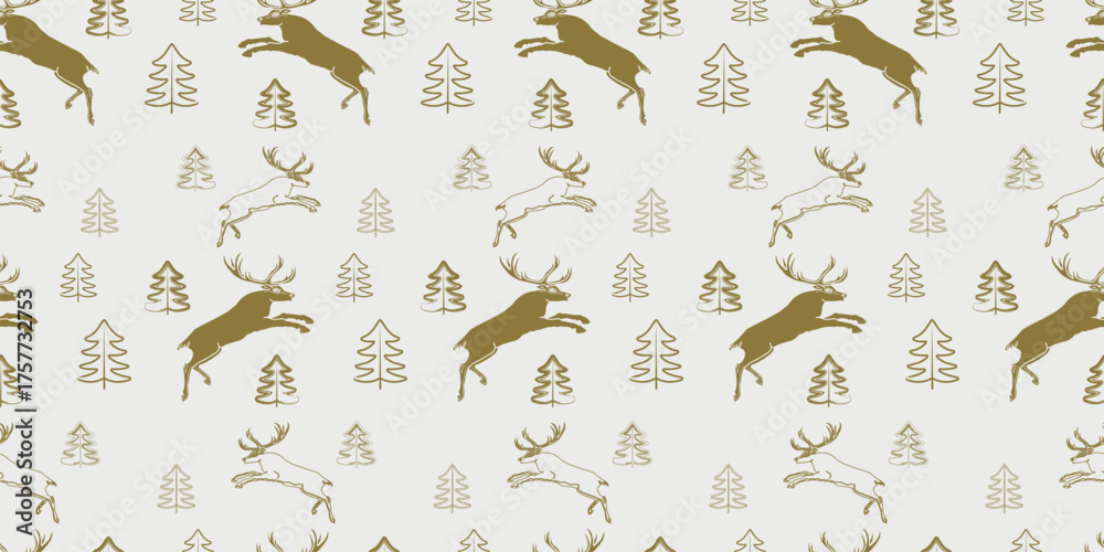 Obraz premium Wild deers and christmas trees golden silhouettes, seamless pattern, background, wallpaper, wrapper, paper, textile, vector illustration