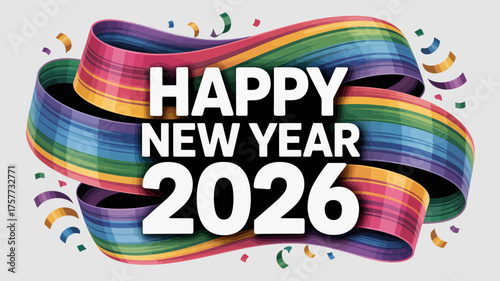 Happy new year 2026 with rainbow ribbon and confetti