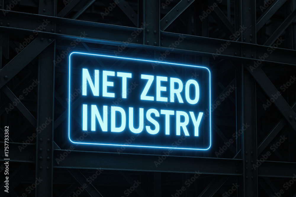 Obraz premium Net zero industry steel recycling green technology co2 plasma circular economy sign glowing on industrial structure promoting sustainable manufacturing and low emissions innovation