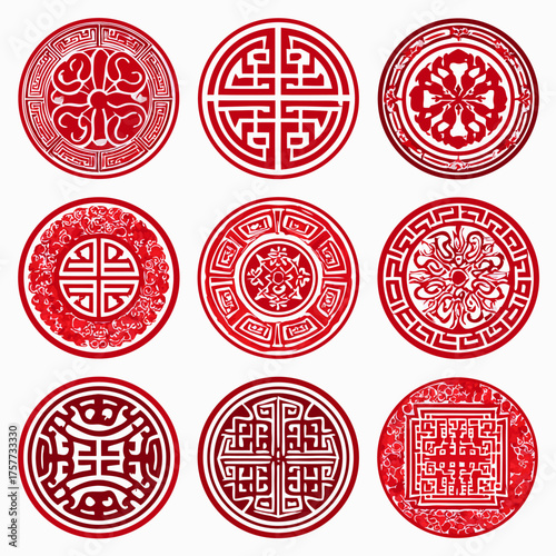 Set of traditional red Chinese auspicious decorative circular patterns and symbols, cultural motifs for oriental design and celebration.