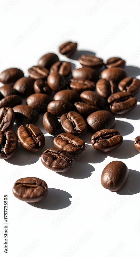 Fototapeta premium A close-up shot of roasted coffee beans scattered on a white surface, casting soft shadows.