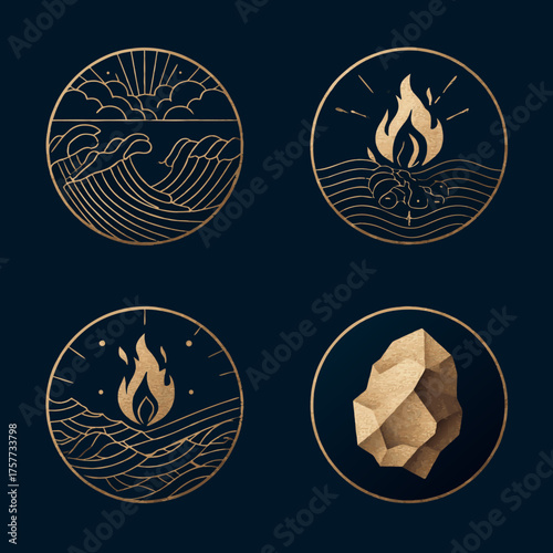 Golden Line Art Four Natural Elements Icons Set: Fire, Water, Earth, and Sky Symbols on Dark Background, Abstract Spiritual Nature