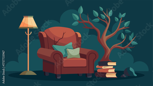 A cozy reading nook with a plush leather armchair and a floor lamp made of twisted branches.