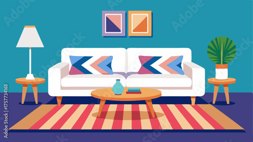 A cozy living room with a plush white sofa a reclaimed wood coffee table and a vibrant abstract rug.