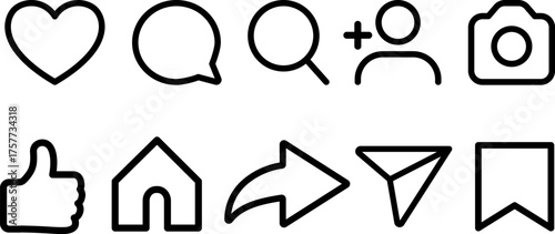 Essential social media icons grouped together showing interaction and navigation functions, ideal for modern digital interface designs