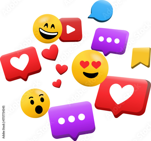 Social media interaction concept in 3D, with emojis and interaction bubbles illustrating likes, comments, and sharing activity