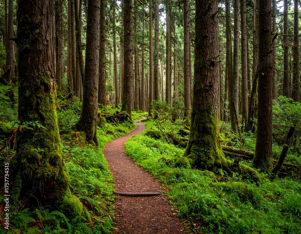 Obraz premium Lush forest trail winding through mossy trees
