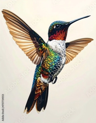 Wallpaper Mural A hummingbird in flight, showcasing vibrant plumage and extended wings Torontodigital.ca