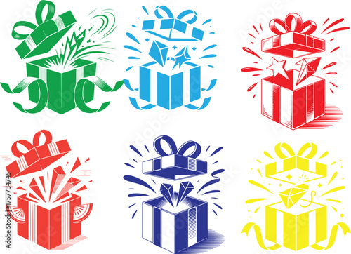Exploding Gift Boxes Vector Set: Dynamic Surprise Presents with Light Burst and Ribbon Details