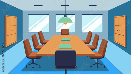 A conference room with a large wooden table and modern chairs