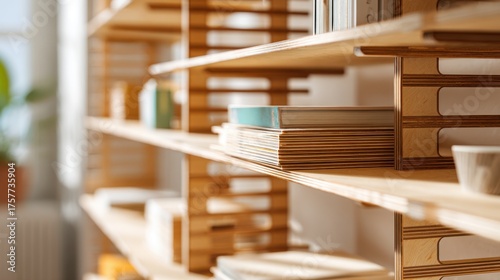 Medium shot of adjustable wooden modular shelves with blurred background highlighting flexibility for custom storage solutions in home or office spaces.