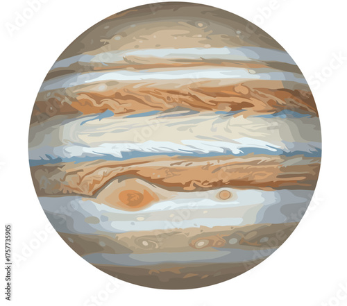 Jupiter planet illustration showcasing bands in warm and cool colors on a white background with copy space