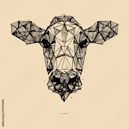 Modern geometric polygonal line art illustration of a cow head. Abstract farm animal design in black on a light beige background.