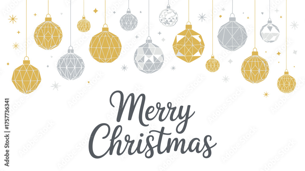 Fototapeta premium Elegant merry christmas greeting with hanging ornaments and snowflakes