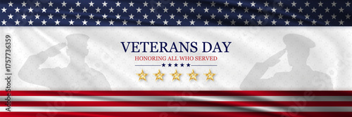 Veterans Day banner with American flag, saluting soldier silhouettes, gold stars, and “Honoring All Who Served” text. Patriotic USA holiday background. Vector illustration.