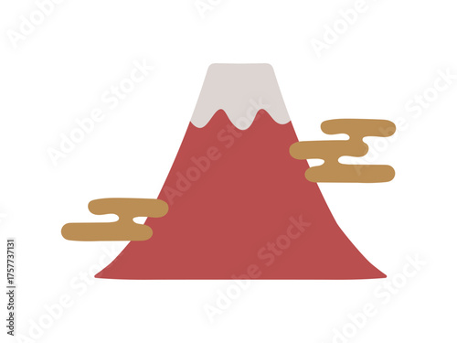 赤く染まった富士山と金色の雲が描かれた華やかで可愛い和風イラスト