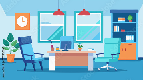 A bright and spacious consultation room with a large desk and comfortable chairs for doctorpatient discussions.