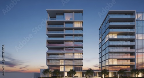 A sleek minimalist residential tower with clean lines and glass balconies, twilight light creating soft reflections.