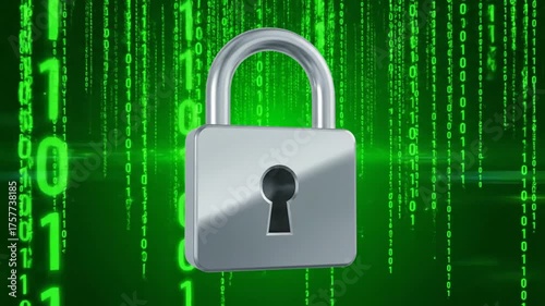 Metallic padlock symbol with digital rain backdrop representing cyber security