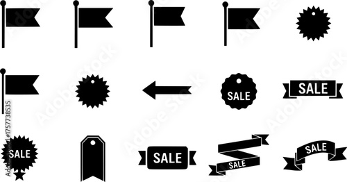 Minimalist Sale Banners and Price Tags Black Silhouette Vector Set: Flag Banners, Ribbon Shapes, and Stars for Boxing Day Graphic Design.	